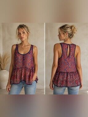 Floral Paisley Ruffle Hem Tank Top - Red/Blue